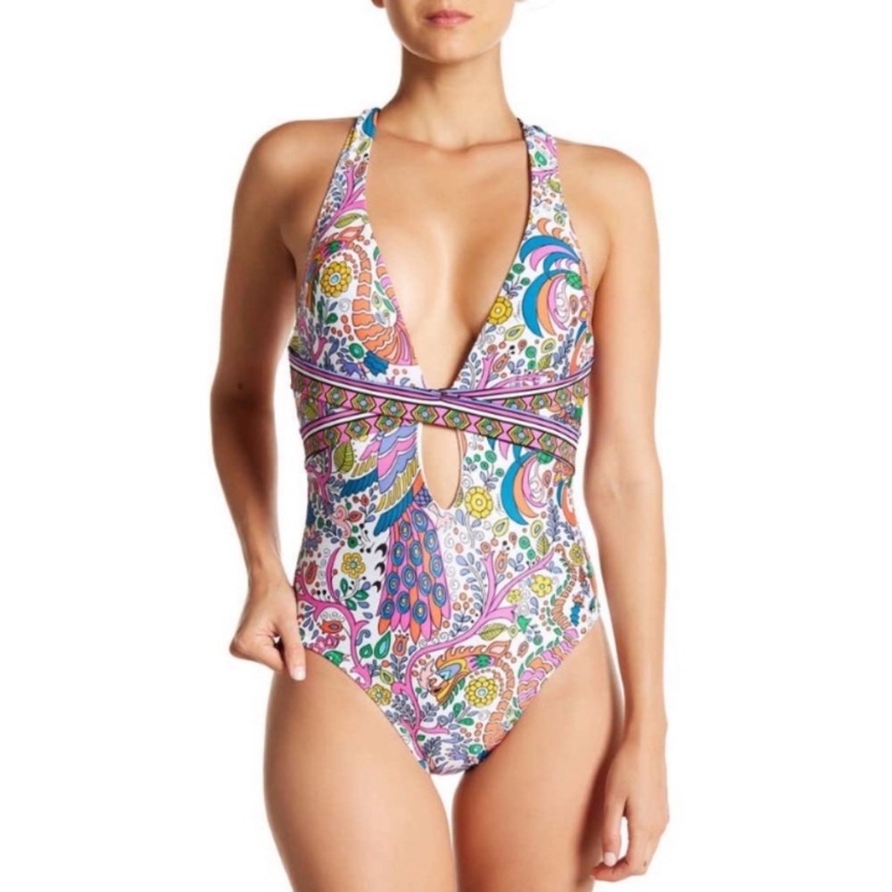 Trina Turk Halter V-Neck Print One-Piece Swimsuit Size 6